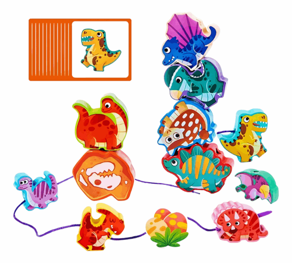 Juego Montessori De Enhebrado Dinosaurios Figuras De Madera - Imagen 3